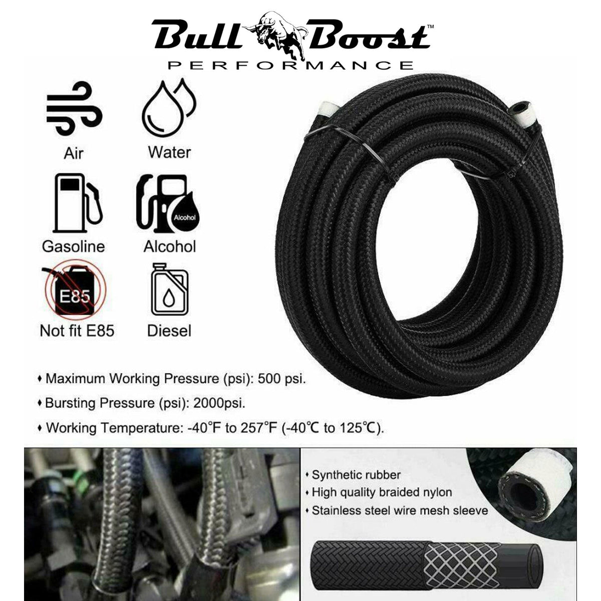 -8 AN Braided Fuel Line Oil-Gas-Fuel Hose Line Aluminum Hose End Fitting AN8