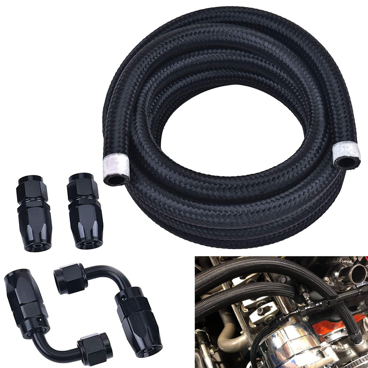 10AN/8AN/6AN Fitting Stainless Steel Braided Oil Fuel Hose Line Kit 5Feet Black