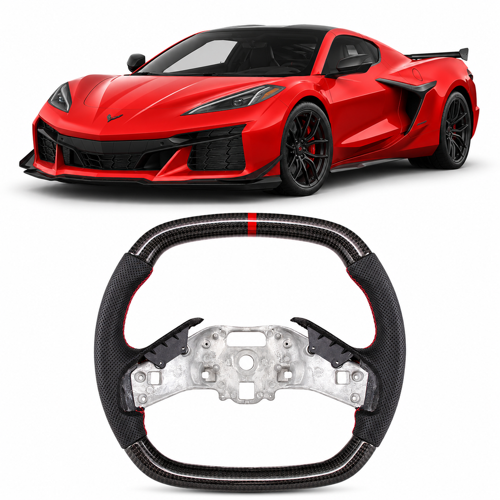 Real Carbon Fiber Steering Wheel for Chevrolet Corvette C8 Z06 Z51 2020–2026 with Red Center Stripe (Non-Heated) by Vekto